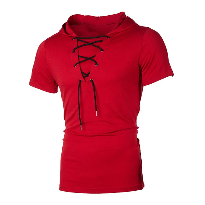 2023 Men T Shirt Summer Personality Hooded Tees Lacing Short Sleeve T-Shirt Homme Slim Fit Sportwear Clothing Mens Tshirt MY104