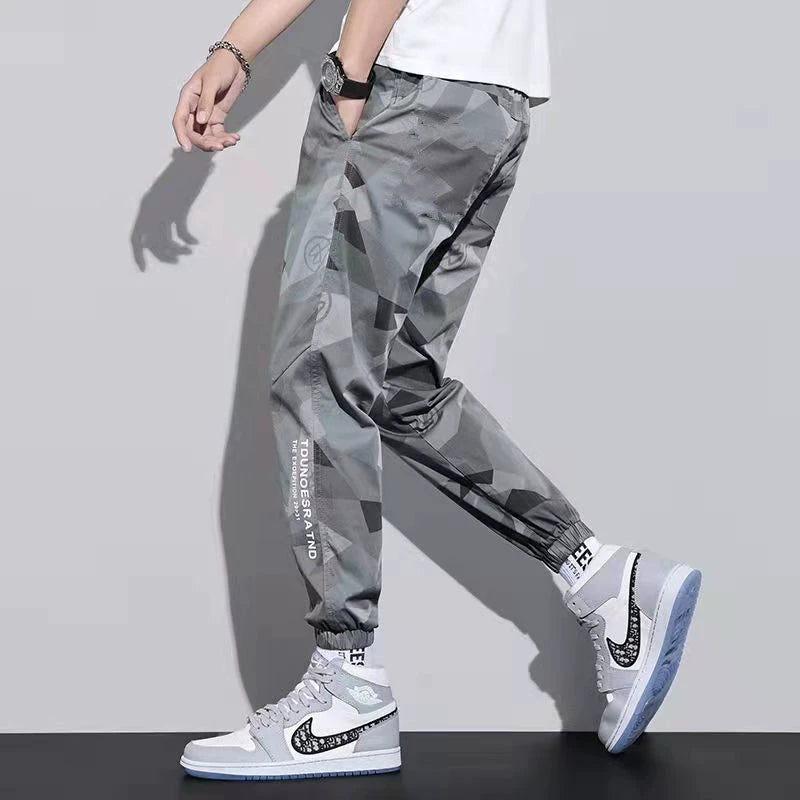 Ice Silk Leisure Pants Men's Summer Loose plus Size Close up Ankle-Tied Camouflage Workwear Sports Cropped Thin Stretch