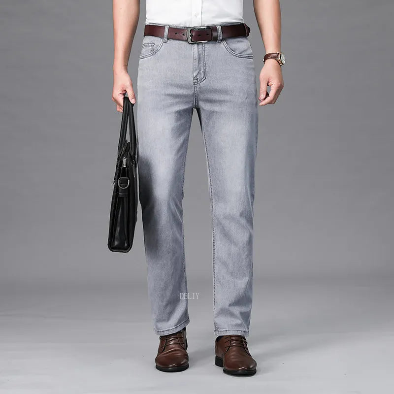 2023 Brand Thin or Thick Material Straight Cotton Stretch Denim Men's Business Casual High Waist Light Grey Blue Jeans