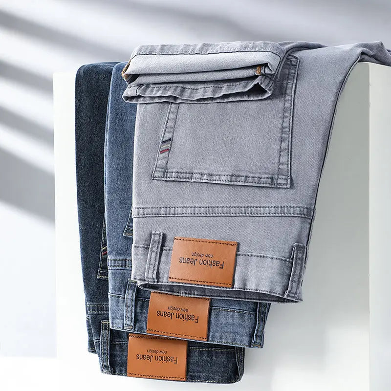 2023 Brand Thin or Thick Material Straight Cotton Stretch Denim Men's Business Casual High Waist Light Grey Blue Jeans