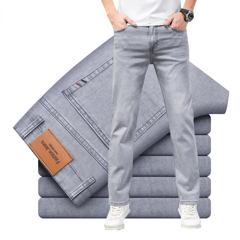 2023 Brand Thin or Thick Material Straight Cotton Stretch Denim Men's Business Casual High Waist Light Grey Blue Jeans