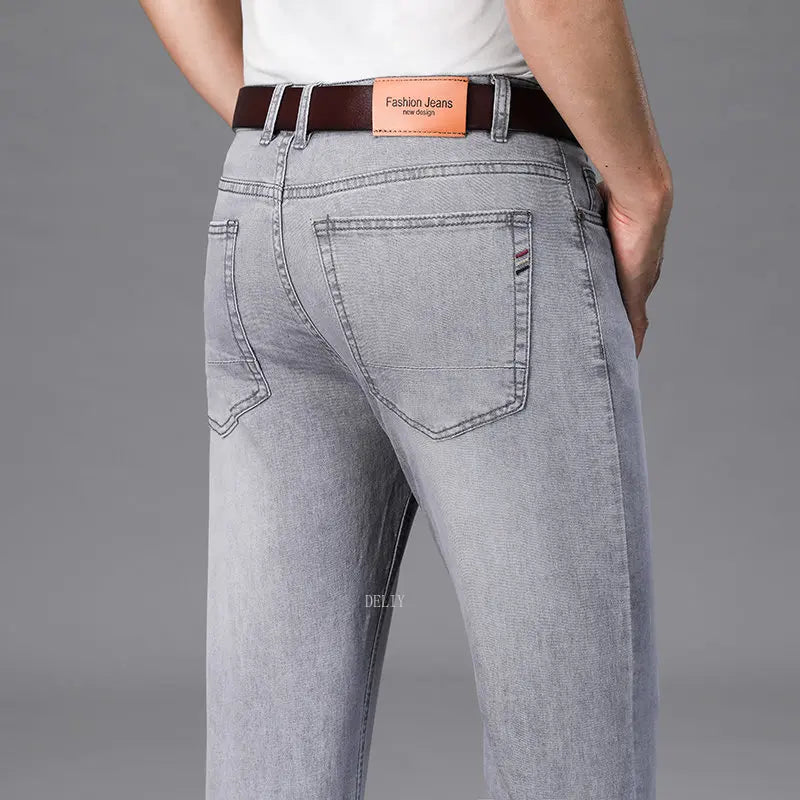 2023 Brand Thin or Thick Material Straight Cotton Stretch Denim Men's Business Casual High Waist Light Grey Blue Jeans