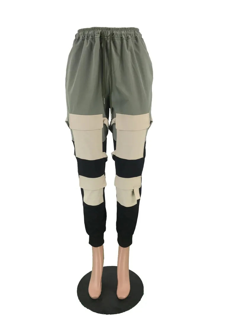 Army Green 2020 New Women Pants High Waist Spliced Pockets Jogging Trousers Casual Loose Fashion Outfits Sportwear Cargo Pants