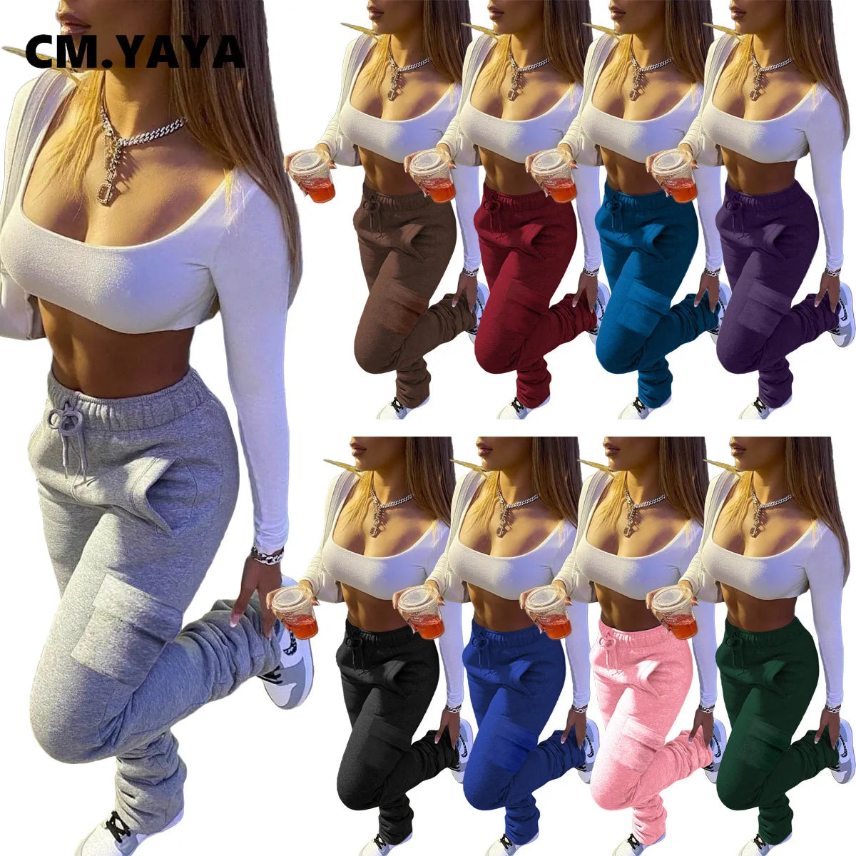 CM.YAYA Sportwear Women Stacked Bellbottom Jogger Pants Activewear Fashion Trousers Draped Flare Pocket Safari Sweatpants