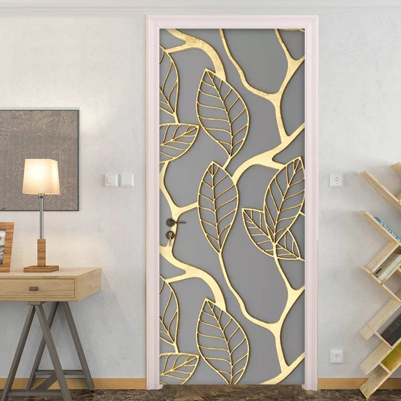 2Pcs/Set Golden Leaves 3D Door Sticker PVC Self-adhesive Waterproof Wallpaper Wall Decals Home Decor Living Room Bedroom Decor