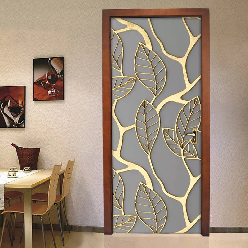 2Pcs/Set Golden Leaves 3D Door Sticker PVC Self-adhesive Waterproof Wallpaper Wall Decals Home Decor Living Room Bedroom Decor