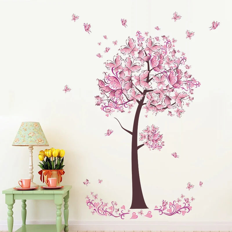 Pink butterfly flower Tree Wall Stickers Decals Girls Women Flower Mural Vinyl Wallpaper Home Living Room Bedroom Decor