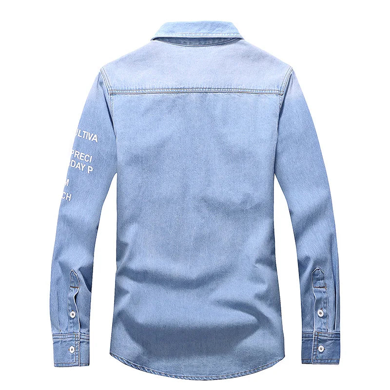 long-sleeved solid denim shirt men fashion brand Classic retro denim Pocket decoration Business shirt Spring and Autumn Tops