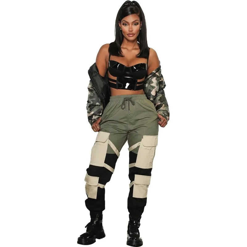 Army Green 2020 New Women Pants High Waist Spliced Pockets Jogging Trousers Casual Loose Fashion Outfits Sportwear Cargo Pants