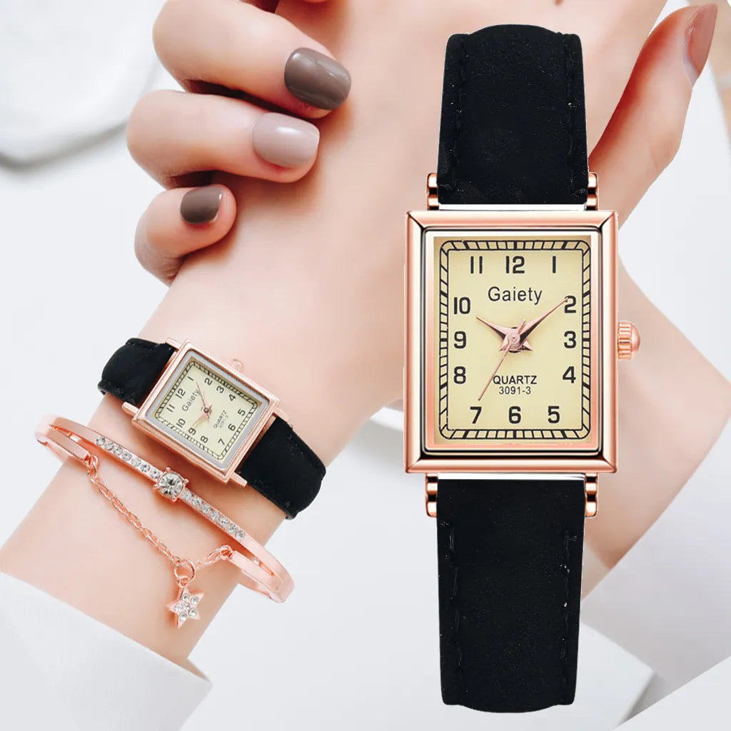 2PCS /Set Fashion Women Leather Belt Dress Quartz Clock Square Dial Sport Casual Bracelet Ladies Wrist Watch Relogio Reloj Mujer