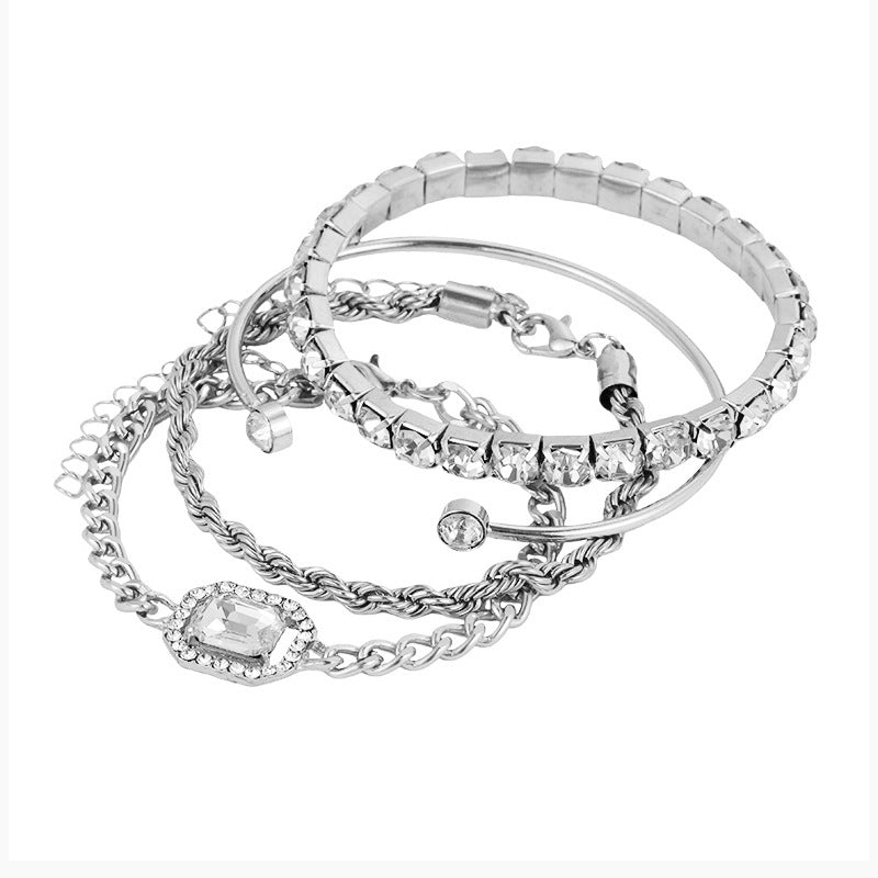 Fashion Jewelry Vintage Personalized Twist Exaggerated Punk Diamond Open-ended Bracelet Suit 4 Pieces