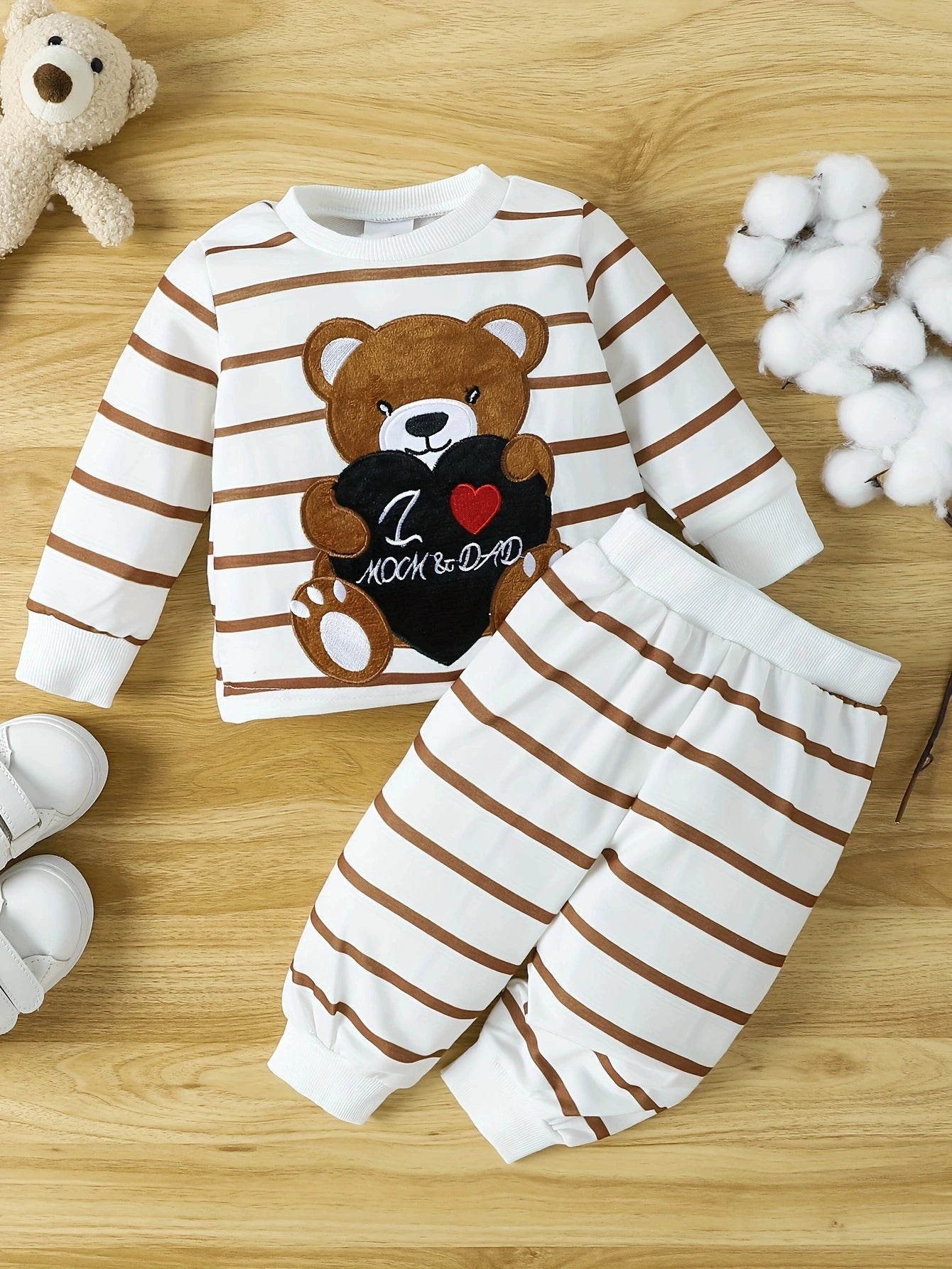 Export Ins Baby Boy Spring and Autumn Patch Bear Pullover Long Sleeve Top Trousers Striped Suit Tide