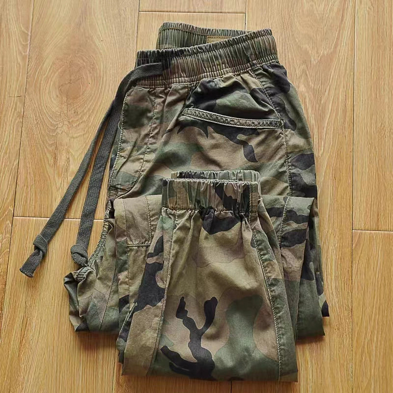 Non-Inductive Drawstring Elastic Waist Camouflage Cargo Pants Thin Material