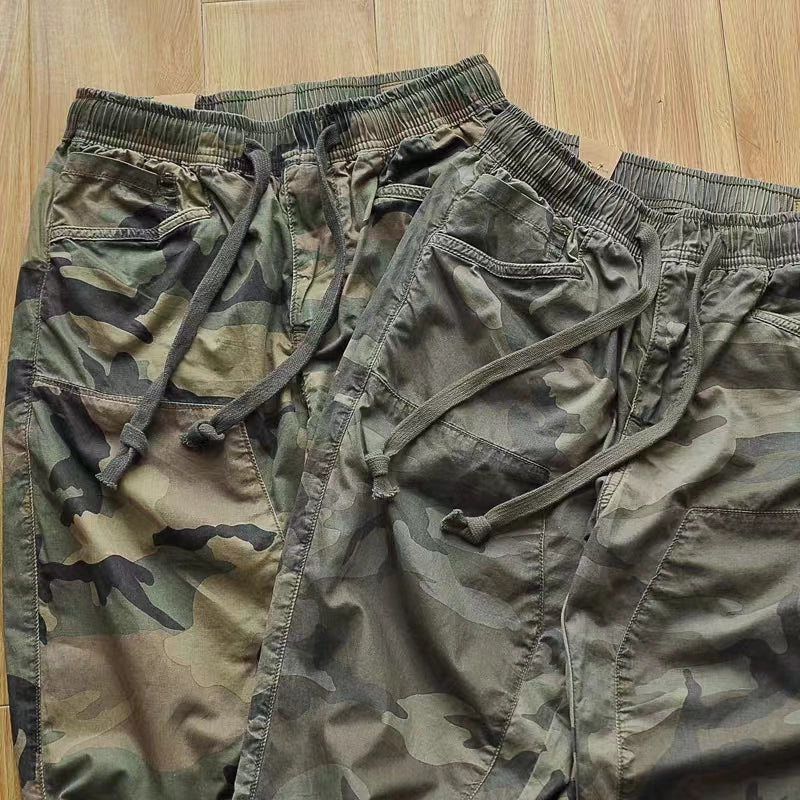 Non-Inductive Drawstring Elastic Waist Camouflage Cargo Pants Thin Material