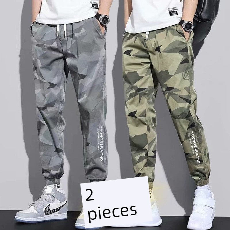 Ice Silk Leisure Pants Men's Summer Loose plus Size Close up Ankle-Tied Camouflage Workwear Sports Cropped Thin Stretch