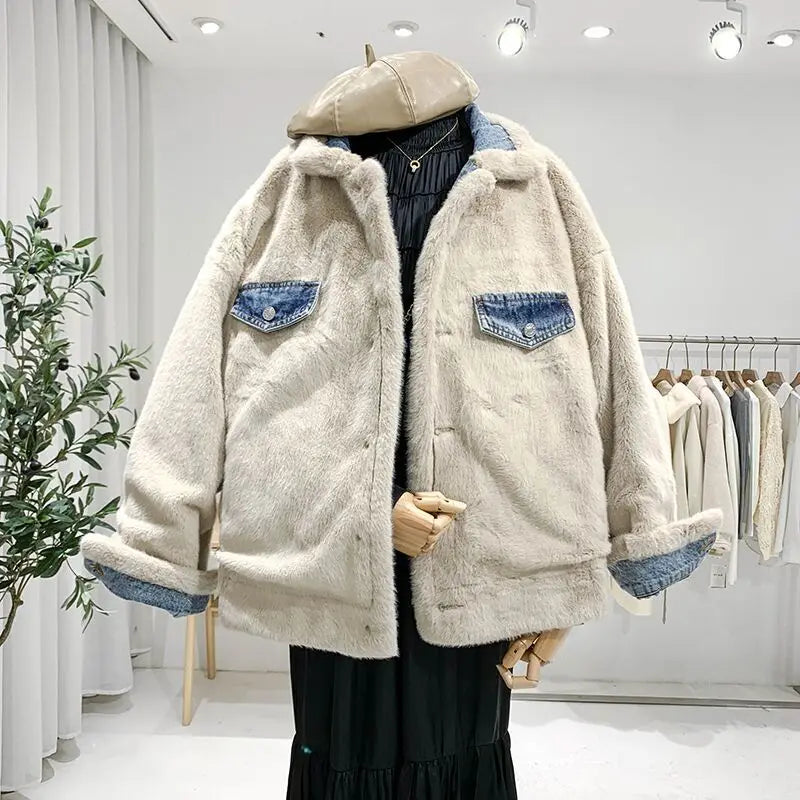 Jean Jacket Korean Winter Both Side Wear Plus Velvet Thick Warm Denim Coat Single Breasted Buttons Patchwork Plush Outwear Parka