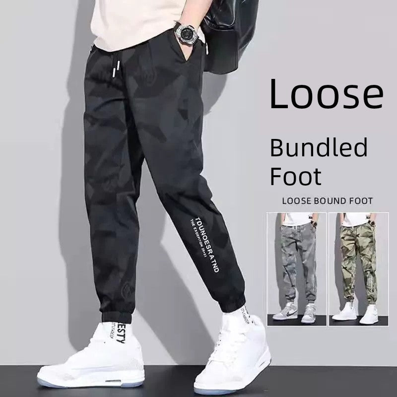 Ice Silk Leisure Pants Men's Summer Loose plus Size Close up Ankle-Tied Camouflage Workwear Sports Cropped Thin Stretch