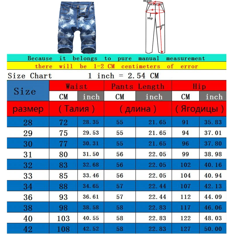 2023 Summer New Men's Jeans Shorts Pleats and Holes Decorated Shorts Men Blue White Black Blue Red Denim Shorts