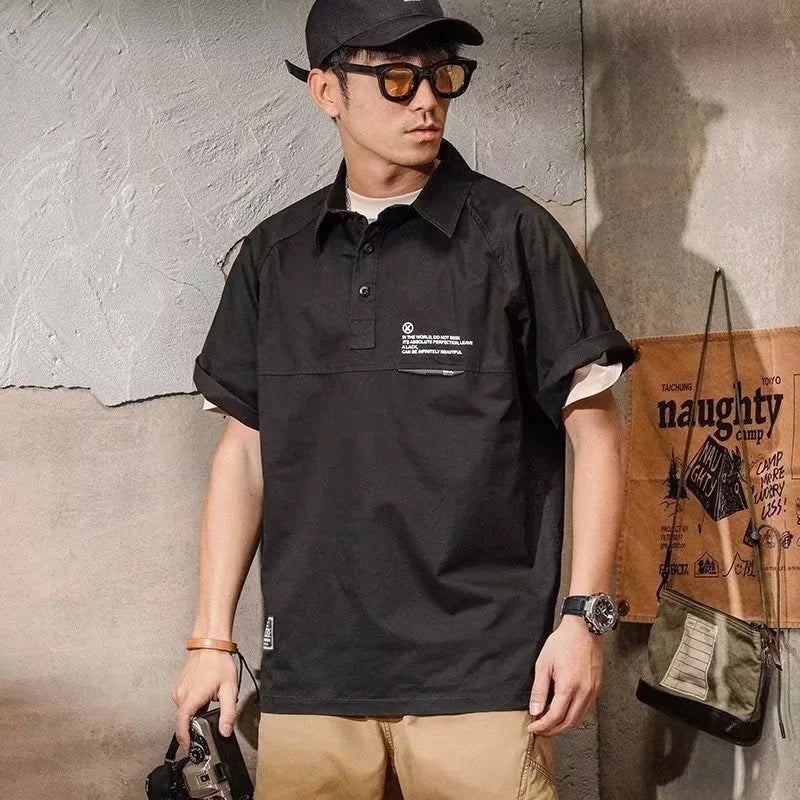 American Retro Short Sleeve Cargo Polo T-shirt For Men Summer Loose Casual Polos Homme High Quality Fashion Golf Wear Tee Tops