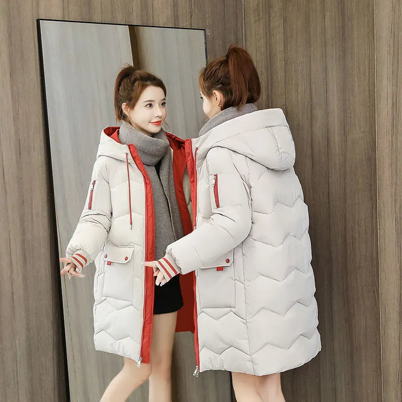 Winter Women Coat Mid-length Hooded Cotton Padded Parkas 4XL Warm Thicken Casual Overcoat Loose Snow Wear Solid Outwear Jacket