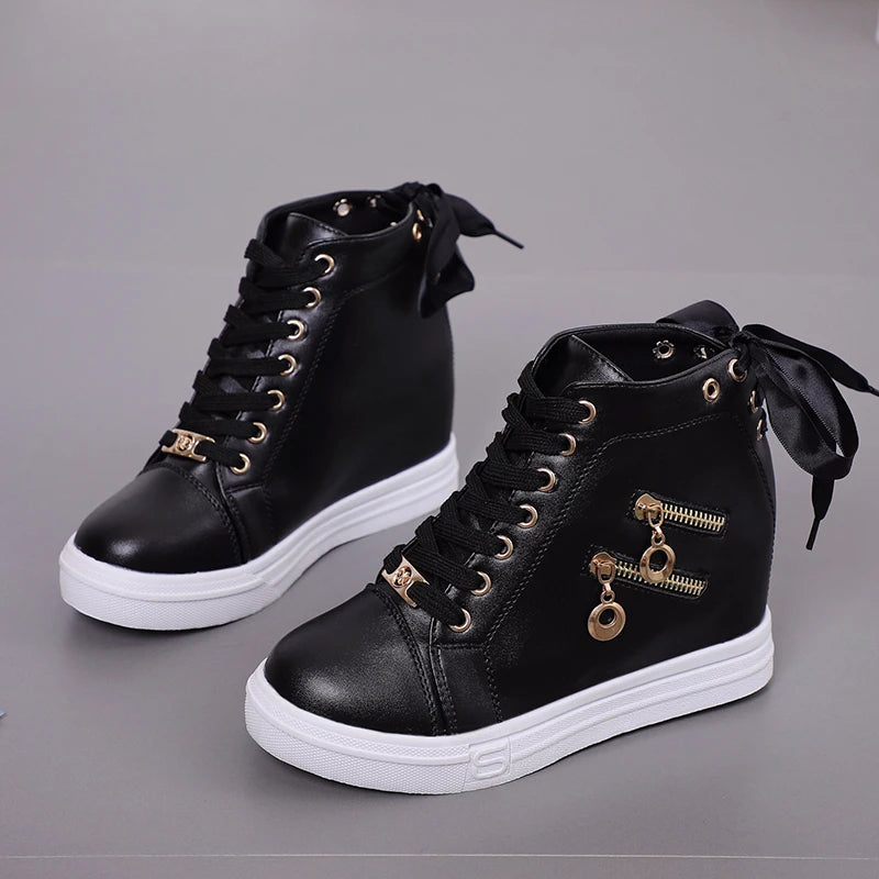 High Top Shoes 2022 Spring Autumn Women's Vulcanized Shoes Female Fashion Lace-Up Casual Shoes Wedge Zip Sneakers Womne Shoes