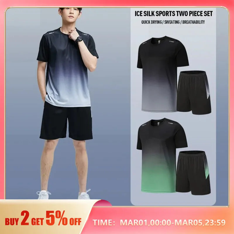 Fitness Clothes Men'S Ice Silk Quick-Dry Sportswear Set Summer Short-Sleeved T-Shirt Morning Running Basketball Training Room Sh