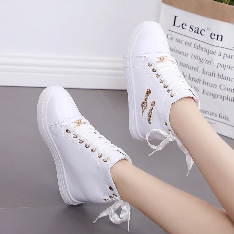 High Top Shoes 2022 Spring Autumn Women's Vulcanized Shoes Female Fashion Lace-Up Casual Shoes Wedge Zip Sneakers Womne Shoes