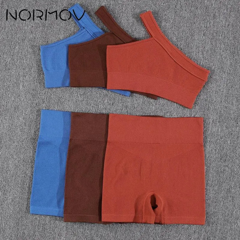 NORMOV Summer Ribbed Yoga Sets Seamless Fitness Suits 1/2 Pieces Gym Sets Solid Shorts Push Up Bra Sportwear Short Sets