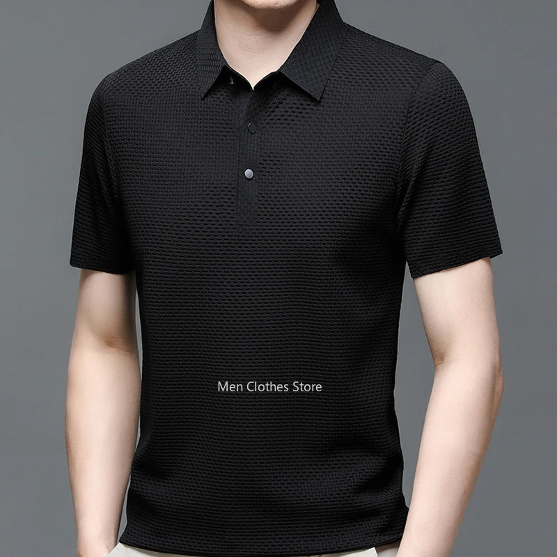 Summer New Men's Lop-up Hollow Short-sleeved Polo Shirt Ice Silk Breathable Business Fashion T-Shirt Male Brand Clothes