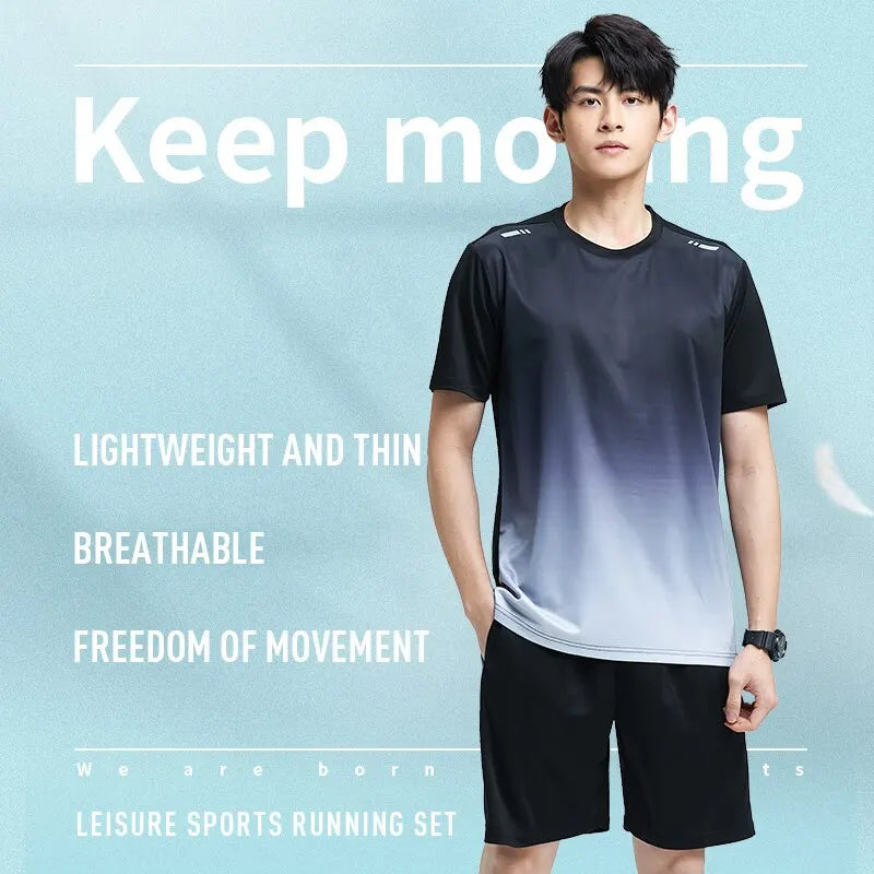 Fitness Clothes Men'S Ice Silk Quick-Dry Sportswear Set Summer Short-Sleeved T-Shirt Morning Running Basketball Training Room Sh