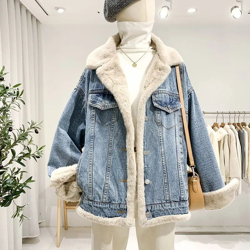 Jean Jacket Korean Winter Both Side Wear Plus Velvet Thick Warm Denim Coat Single Breasted Buttons Patchwork Plush Outwear Parka