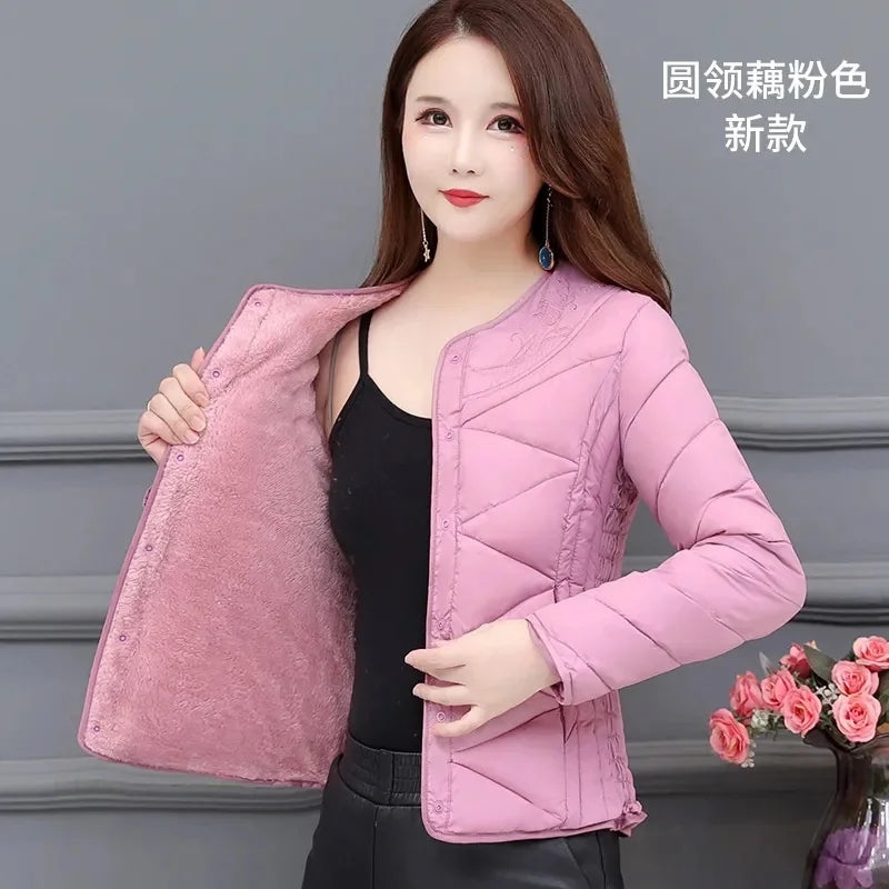 Winter Down Padded Jacket Women's Inner Short Mother's Wear Velvet Thickening Middle-Aged Elderly Mom Wear Pocket Jacket Pink